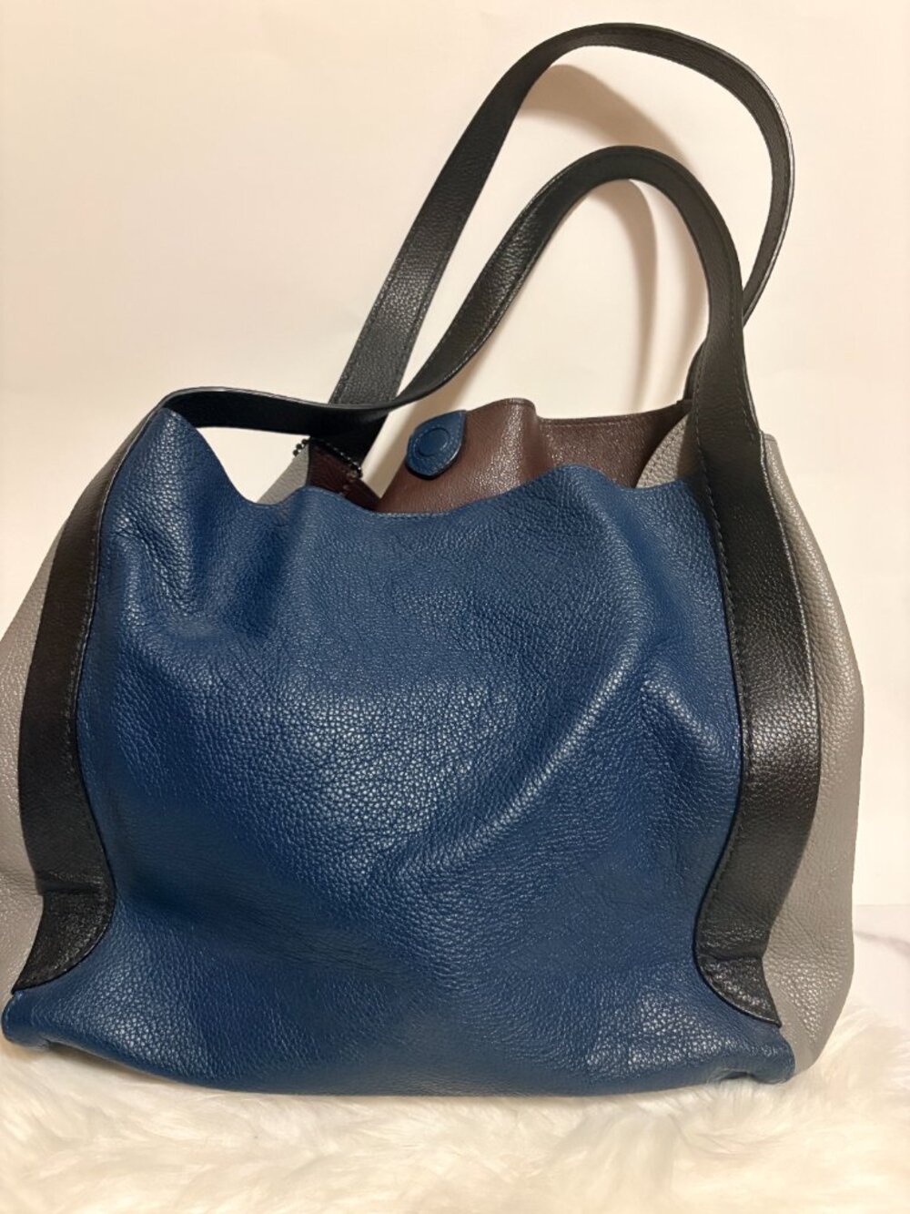 Coach Lori Colorblock Pebbled Leather Shoulder Tote Blue Gray Black NWOT - Picture 6 of 10